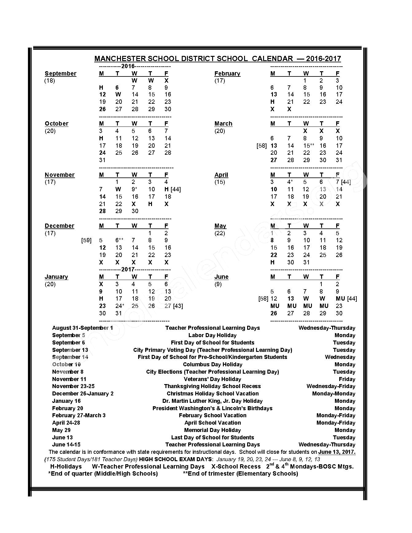 2016 2017 District Calendar Jewett School Manchester NH