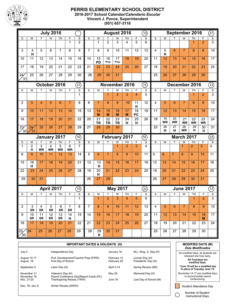 2016 2017 District Calendar Perris Elementary School District