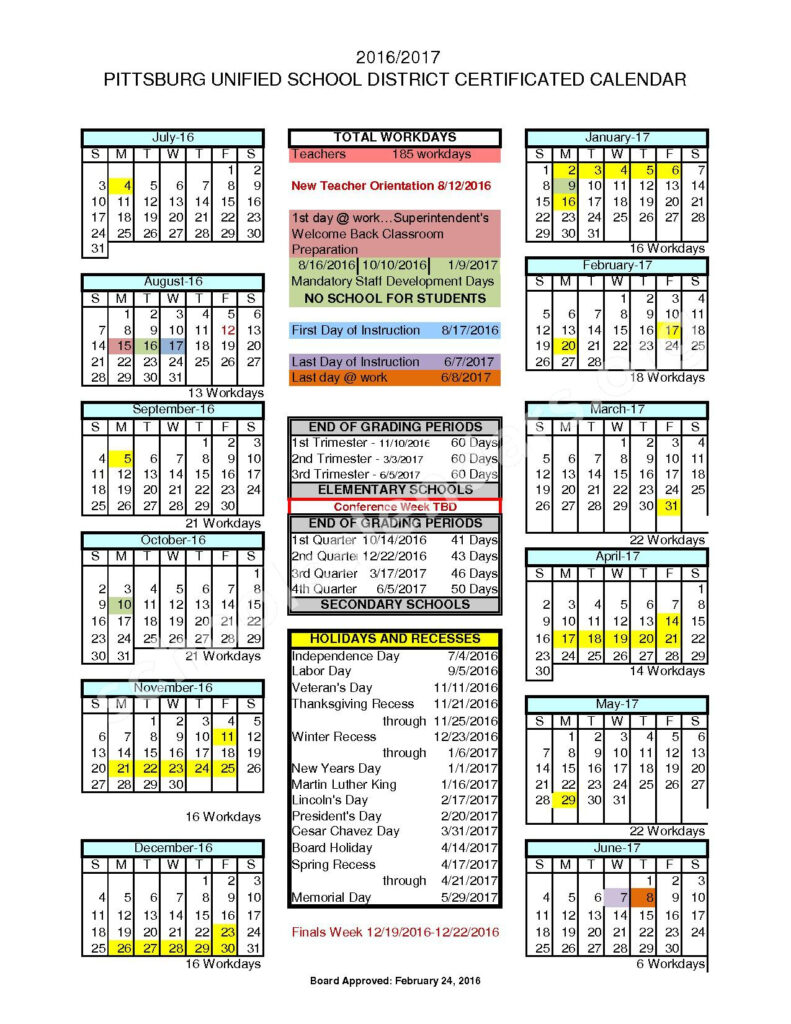 2016 2017 District Calendar Pittsburg Unified School District 