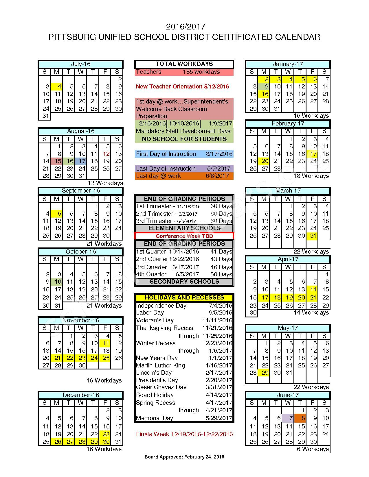 2016 2017 District Calendar Pittsburg Unified School District