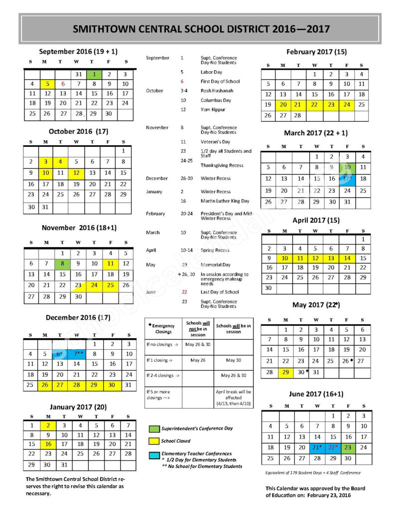 2016 2017 District Calendar Smithtown Central School District 