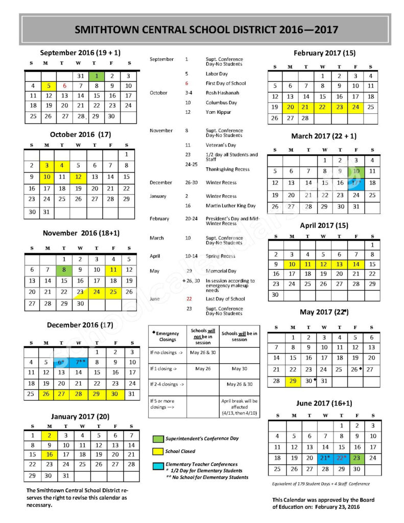 2016 2017 District Calendar Smithtown High School West 