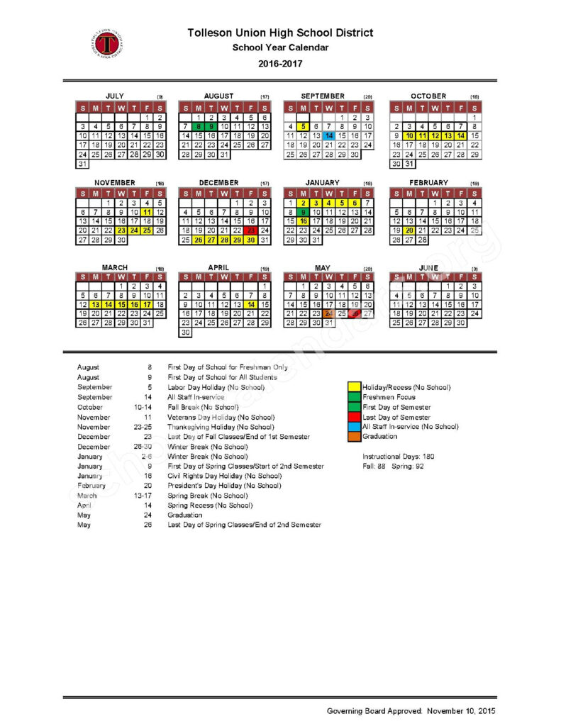 2016 2017 District Calendar Tolleson Union High School Tolleson AZ