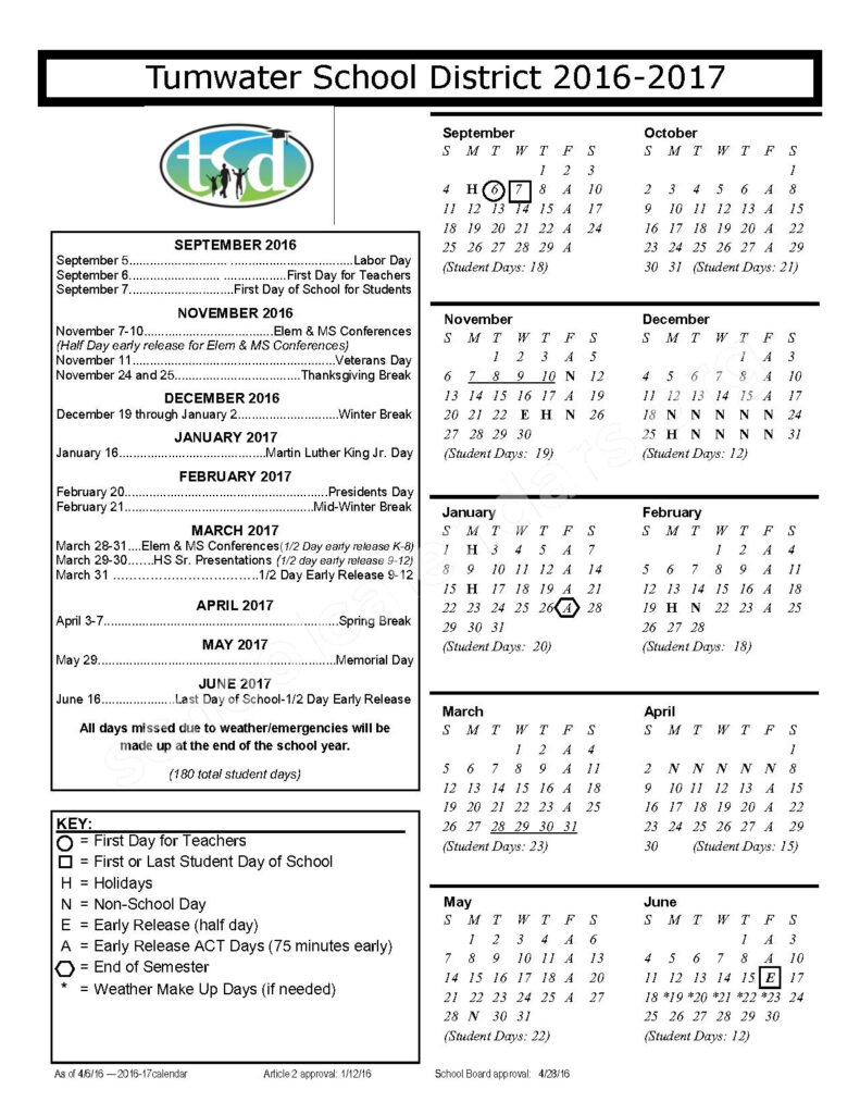 2016 2017 District Calendar Tumwater School District Tumwater WA