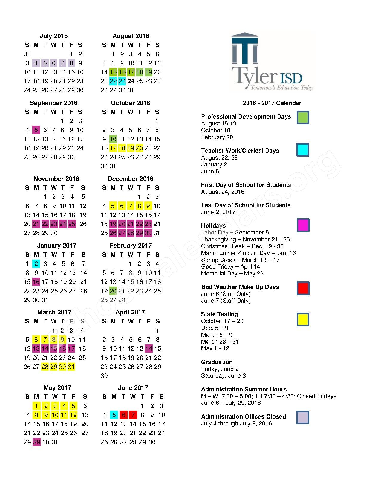2016 2017 District Calendar Tyler Independent School District