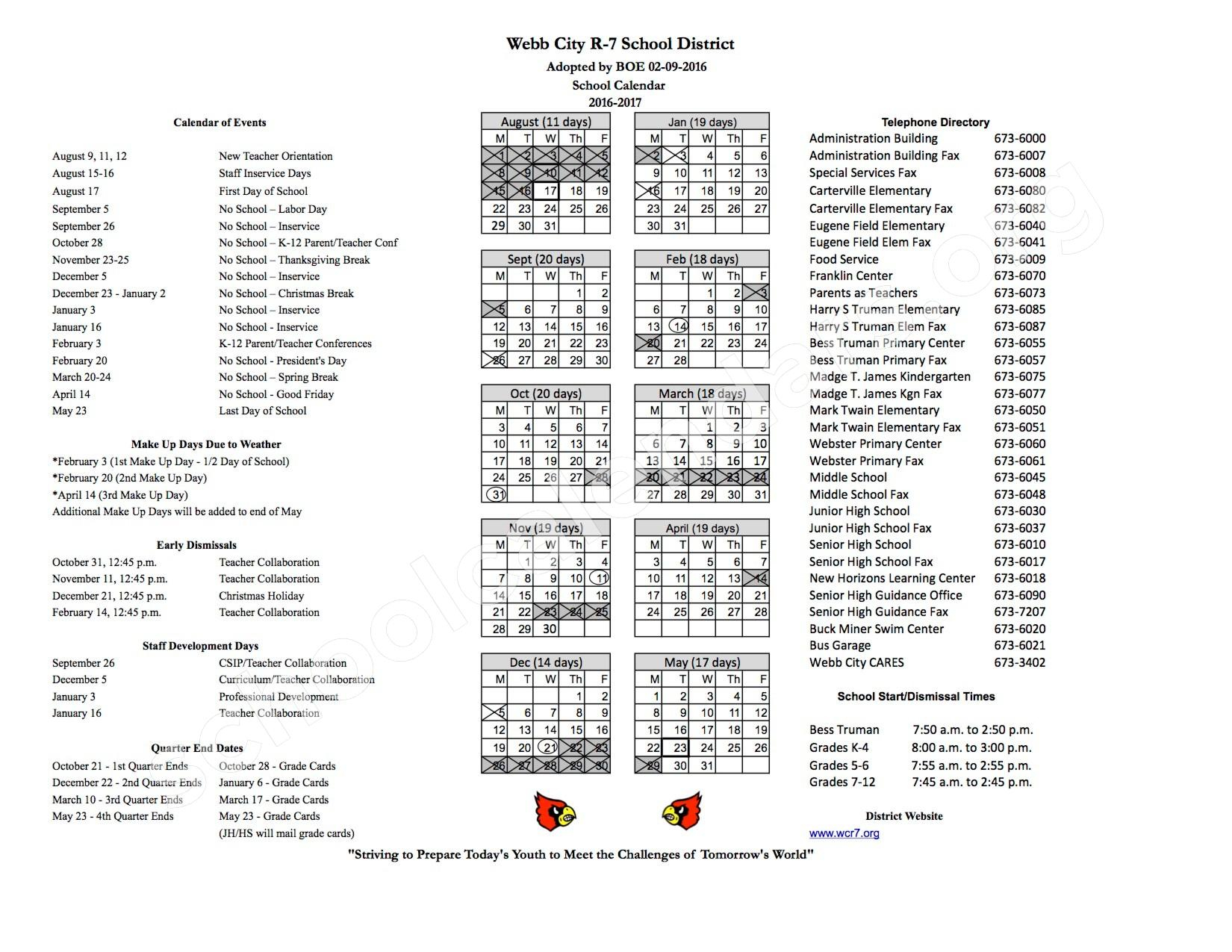 2016 2017 District Calendar Webb City High School Webb City MO