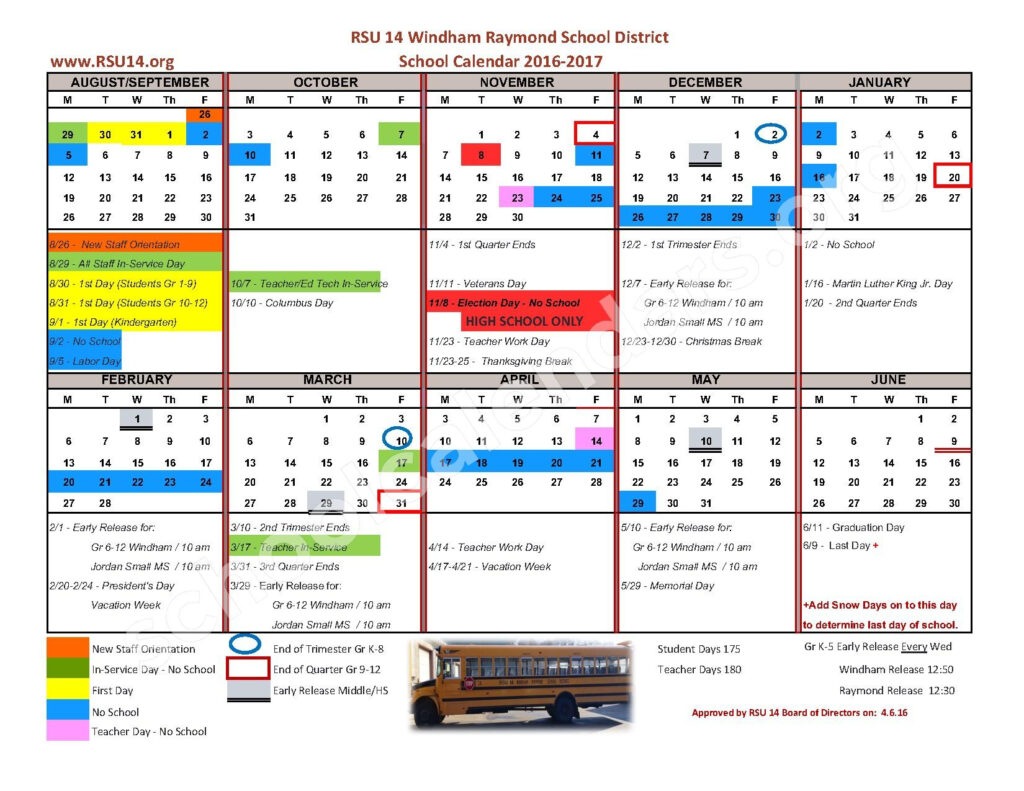 2016 2017 District Calendar Windham Raymond School District RSU 14 