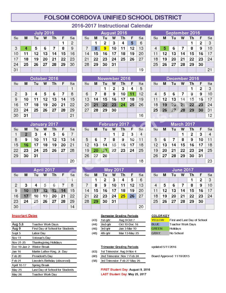2016 2017 Instructional Calendar Folsom Cordova Unified School 