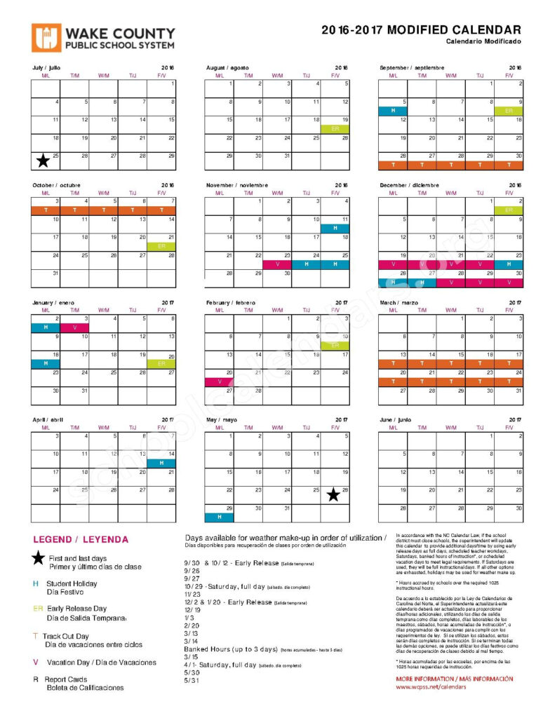 2016 2017 Modified Calendar Wake County Public School System Cary NC