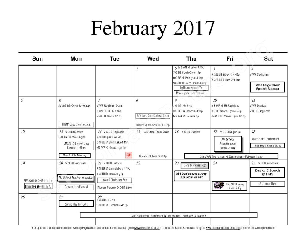2016 2017 Monthly Calendar Okoboji Community School District Iowa