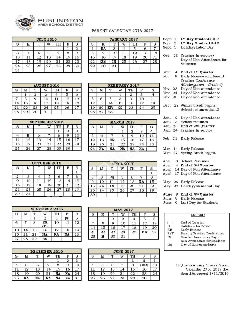 2016 2017 Parent Calendar Burlington Area School District 
