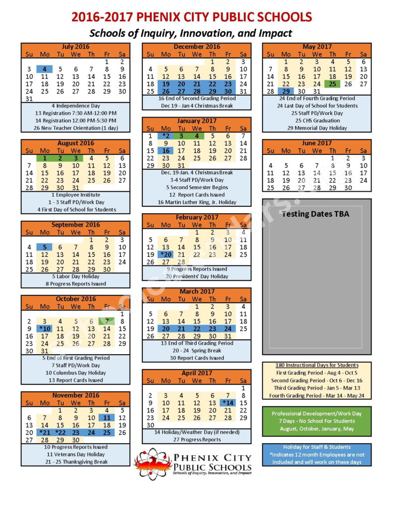 2016 2017 Phenix City Schools Calendar Lakewood Elementary School 