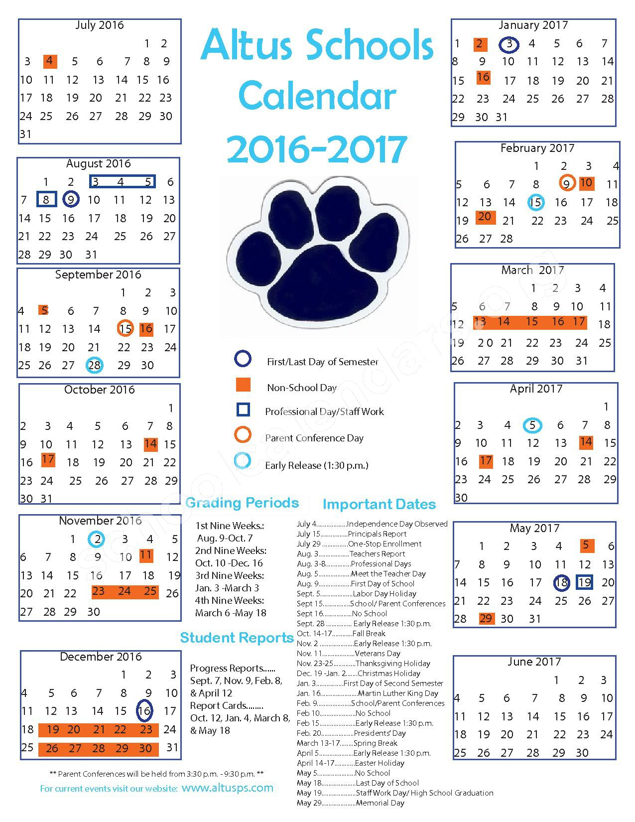 2016 2017 School Calendar Altus Public Schools Altus OK