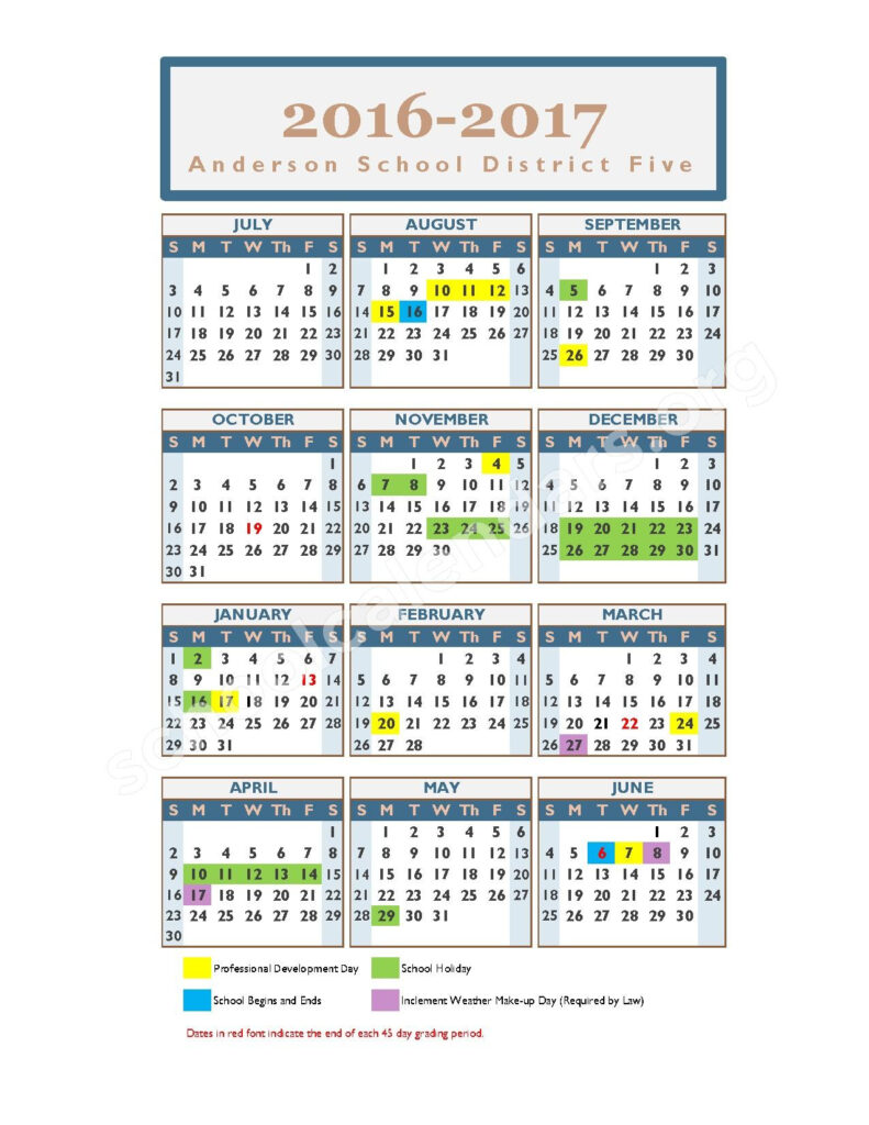 2016 2017 School Calendar Anderson School District 5 Anderson SC