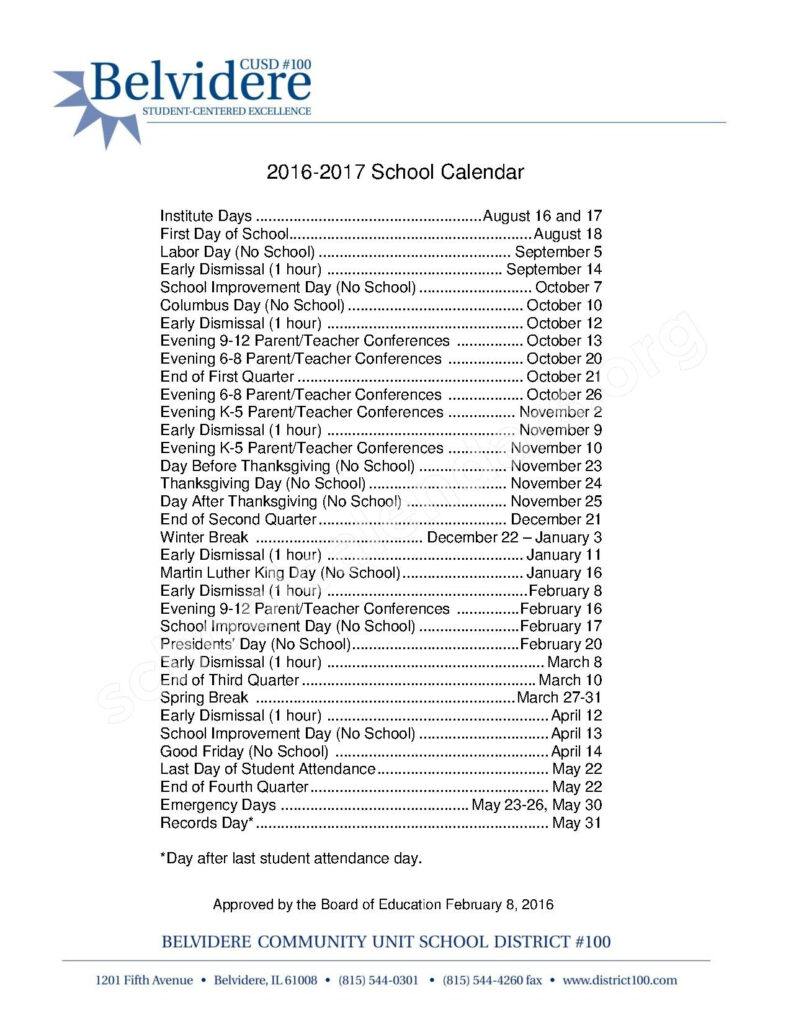 2016 2017 School Calendar Belvidere Community Unit School District 