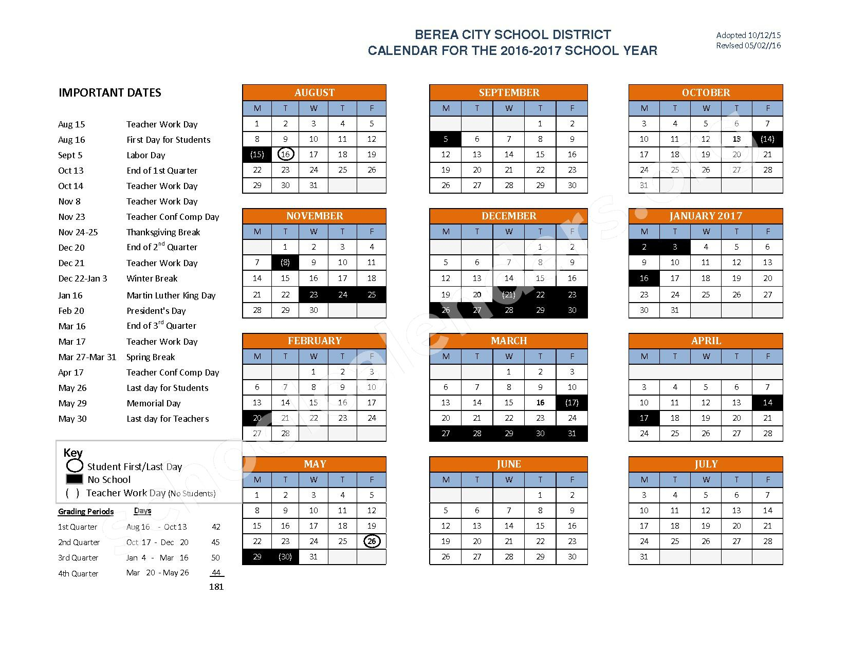 2016 2017 School Calendar Berea City School District Berea OH