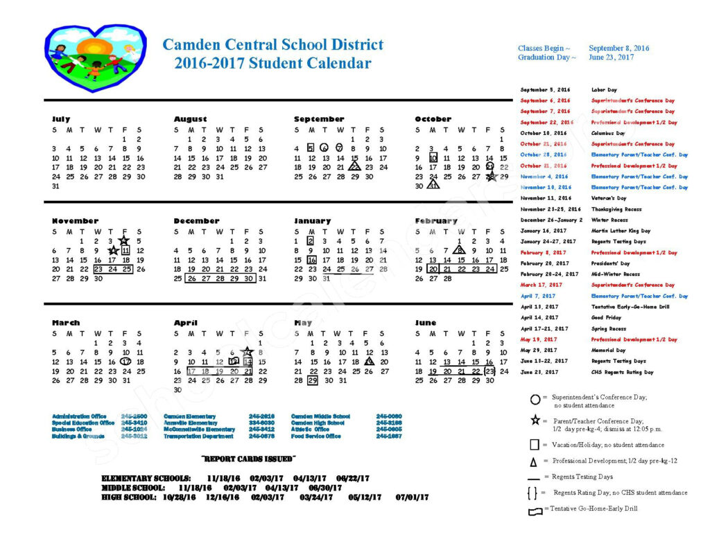 2016 2017 School Calendar Camden Central School District Camden NY