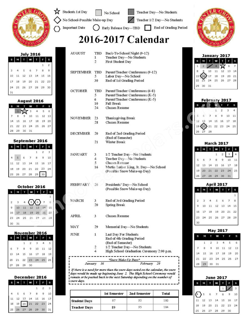 2016 2017 School Calendar Center Grove Community School Corporation 