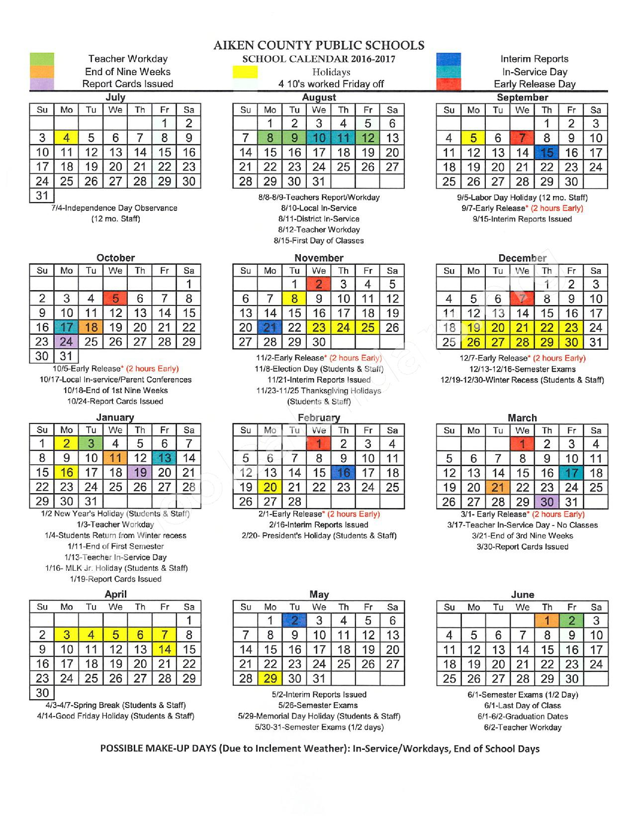 2016 2017 School Calendar Greendale Elementary School New