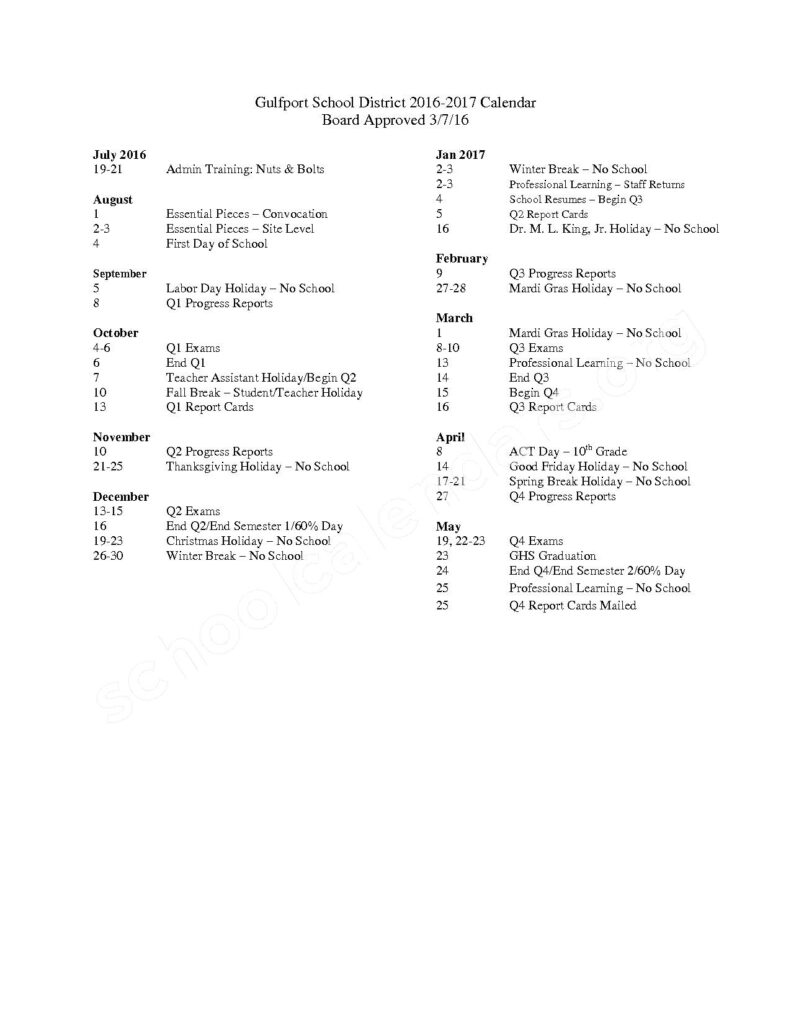 2016 2017 School Calendar Gulfport School District Gulfport MS