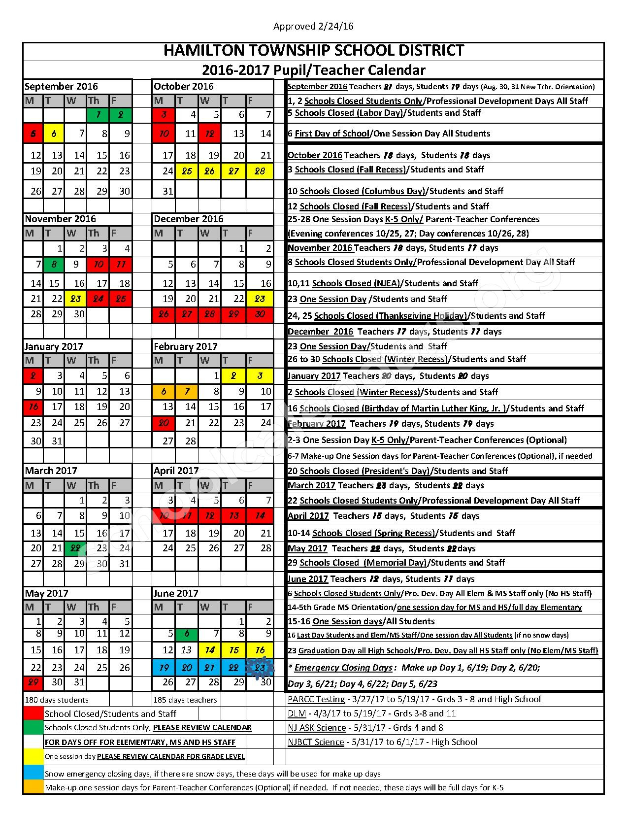 2016 2017 School Calendar Hamilton Township School District