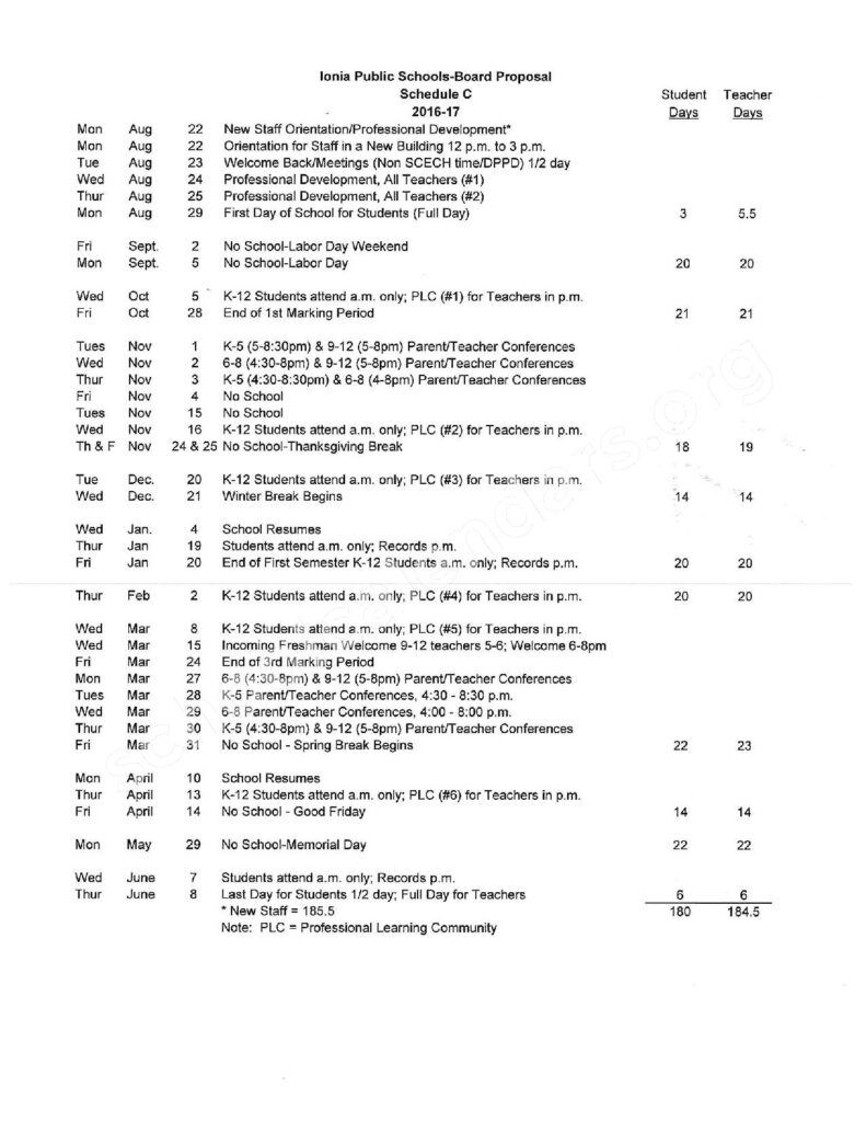 2016 2017 School Calendar Ionia Public Schools Ionia MI