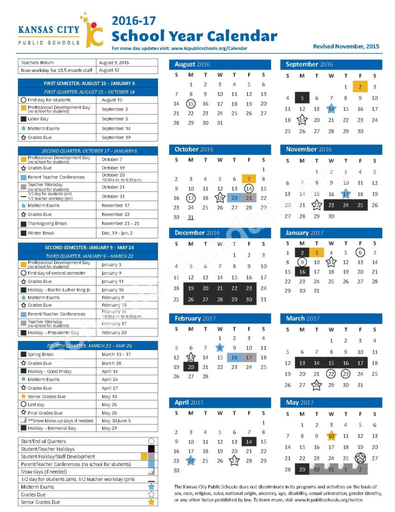 2016 2017 School Calendar Kansas City Public Schools Kansas City MO