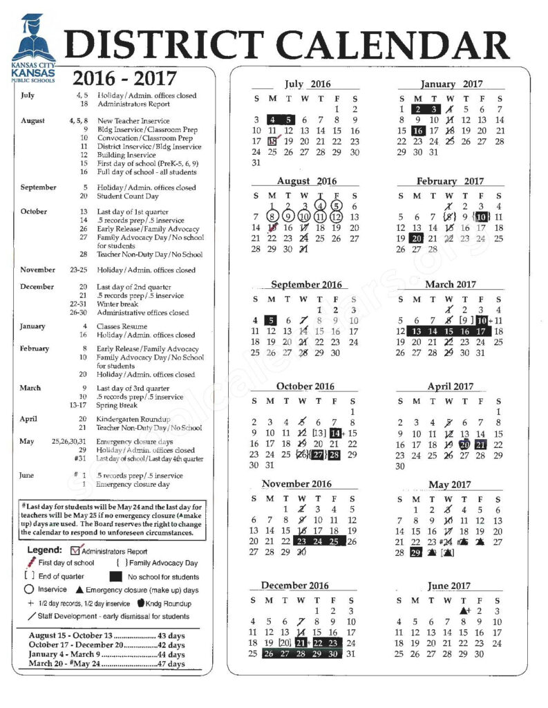 2016 2017 School Calendar Kansas City Unified School District 500 