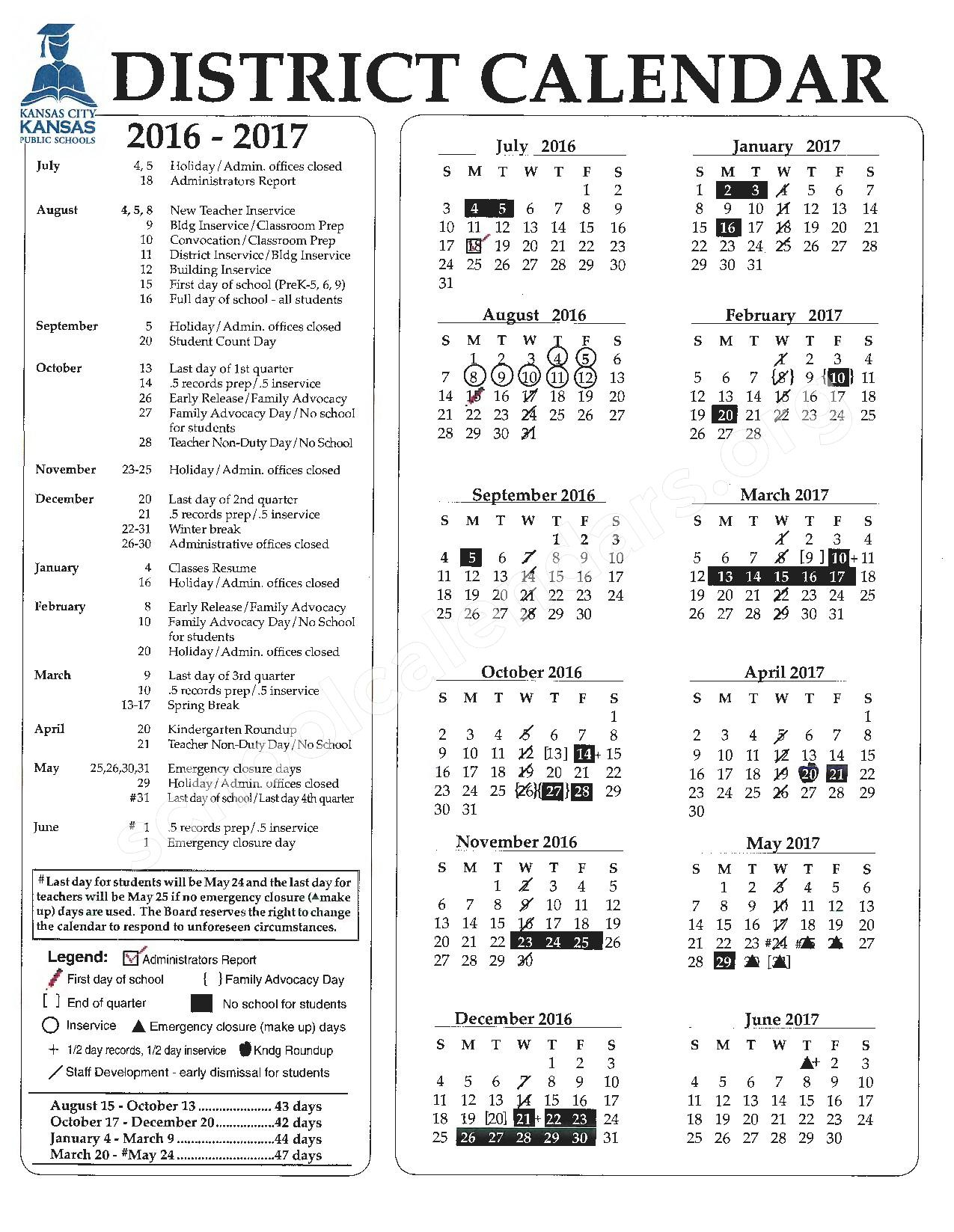 2016 2017 School Calendar Kansas City Unified School District 500