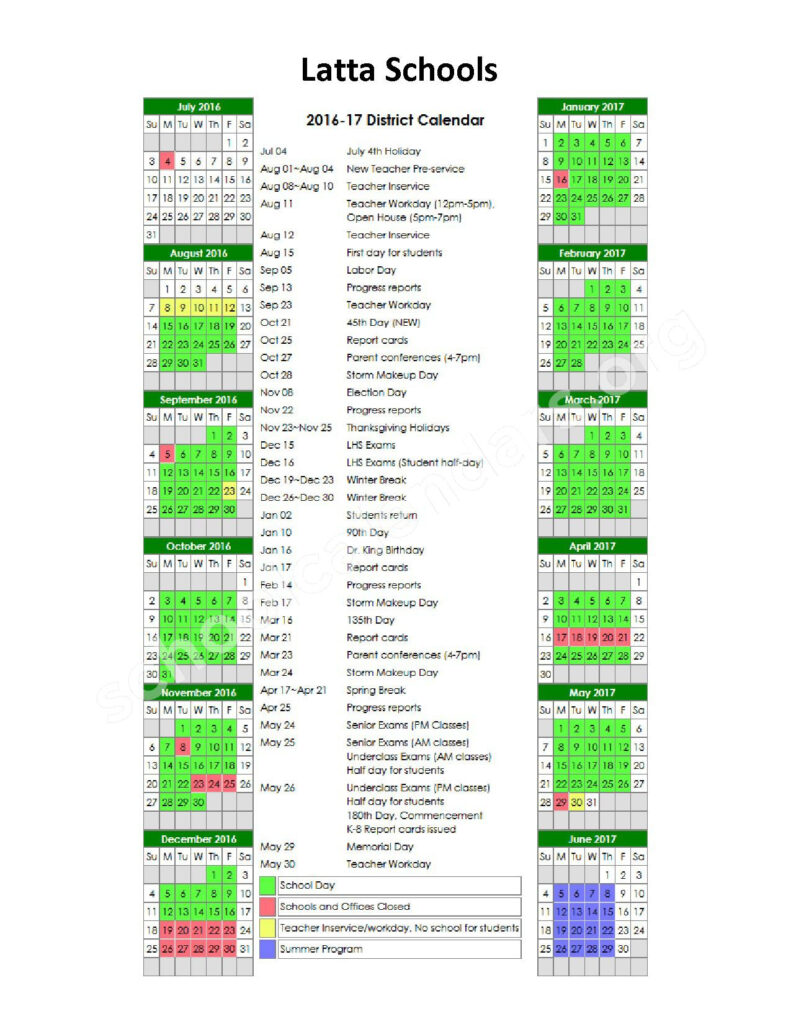 2016 2017 School Calendar Latta Schools Dillon School District 3 