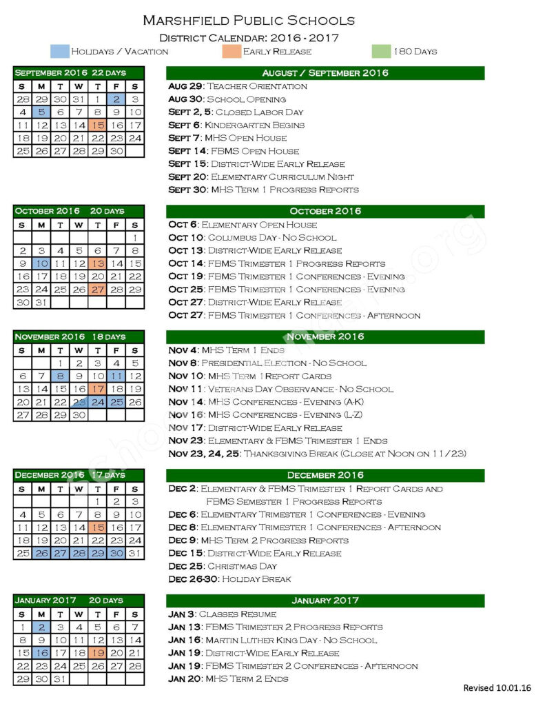 2016 2017 School Calendar Marshfield Public School District 