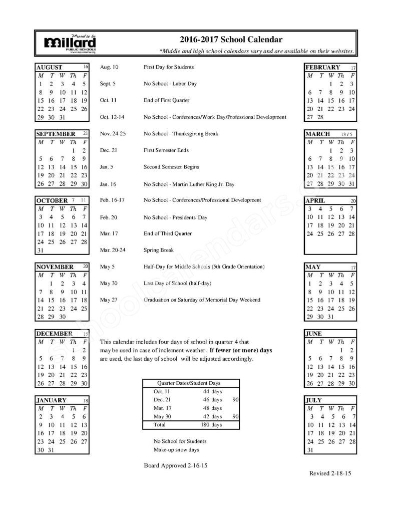 2016 2017 School Calendar Millard Public Schools Omaha NE