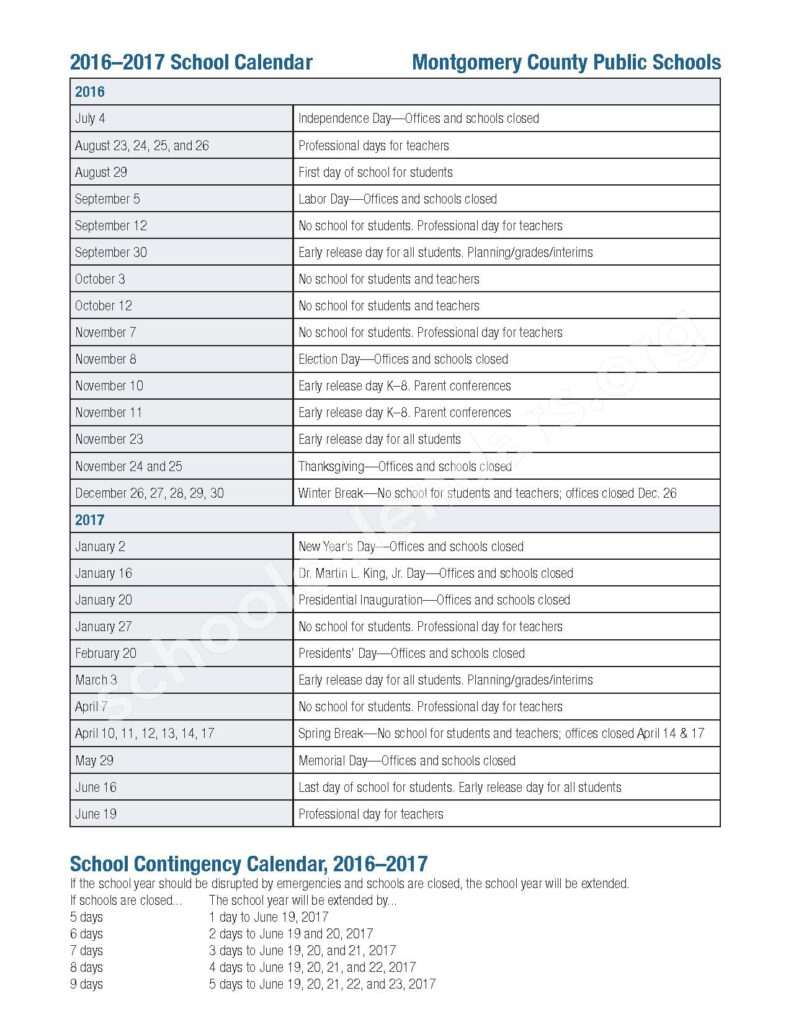 2016 2017 School Calendar Montgomery County Public Schools 