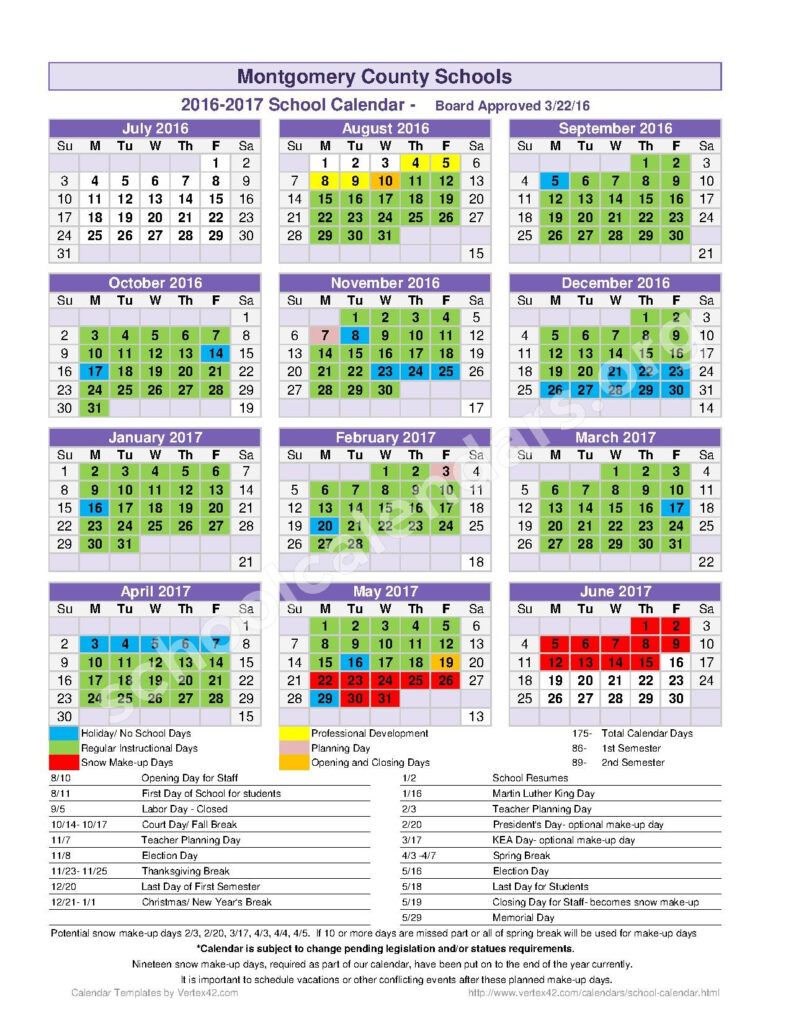 2016 2017 School Calendar Montgomery County School District Mt 