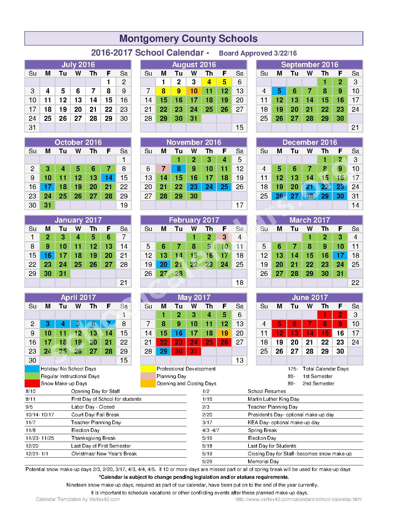 2016 2017 School Calendar Montgomery County School District Mt