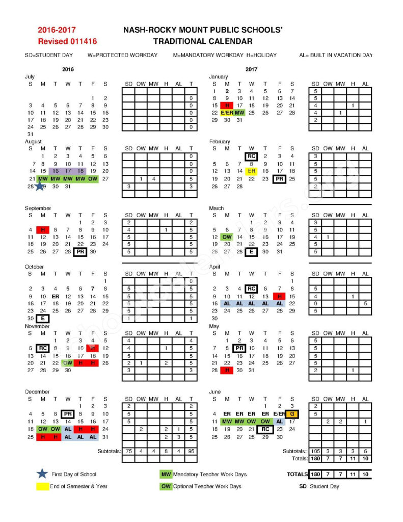 2016 2017 School Calendar Nash Rocky Mount Public Schools 