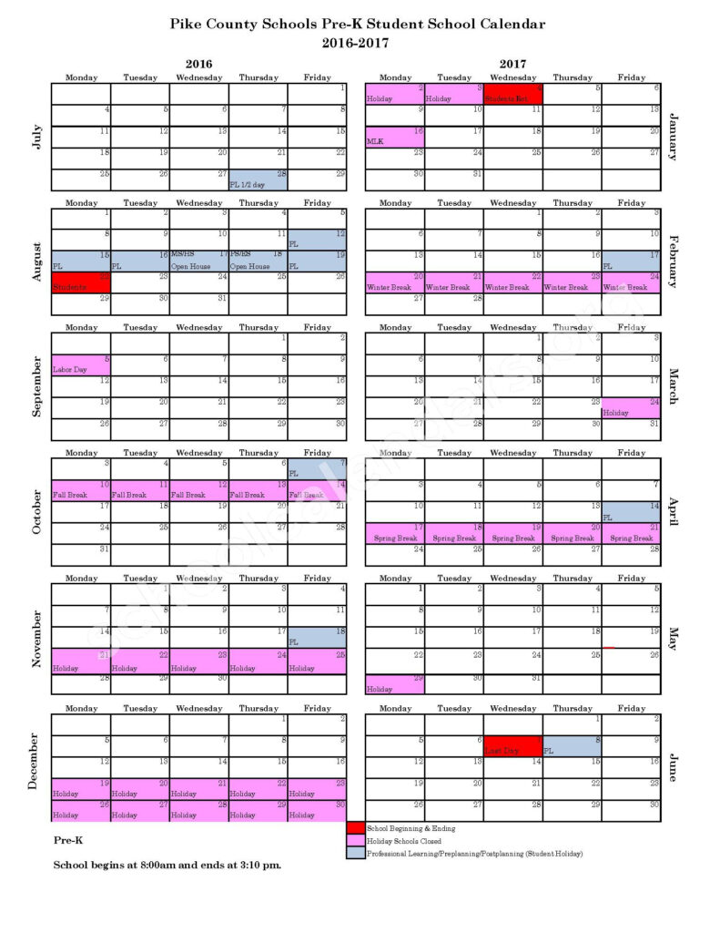 2016 2017 School Calendar Pike County High School Zebulon GA