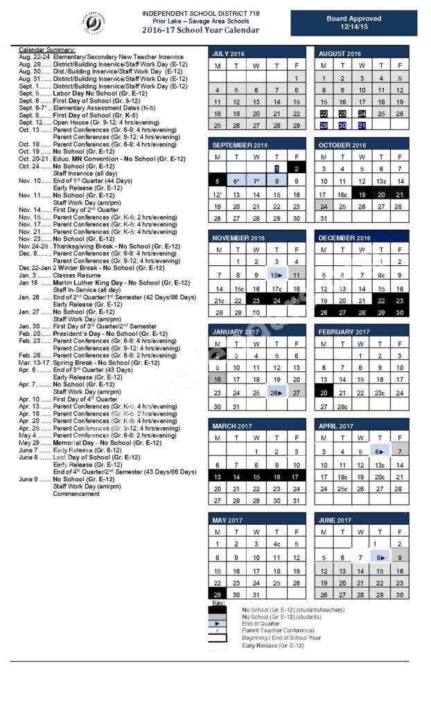 2016 2017 School Calendar Prior Lake Savage Area Schools Prior 