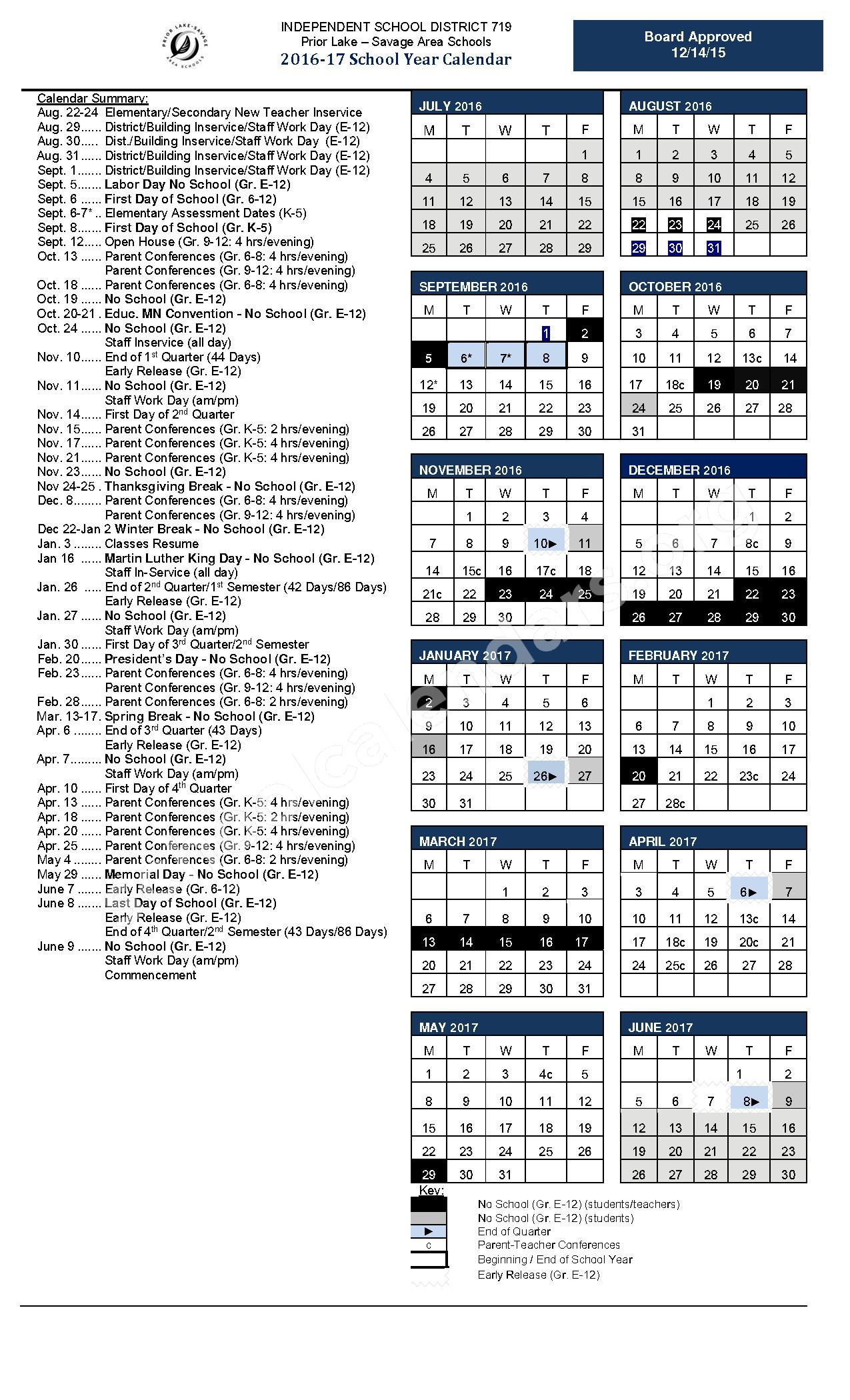 2016 2017 School Calendar Prior Lake Savage Area Schools Prior