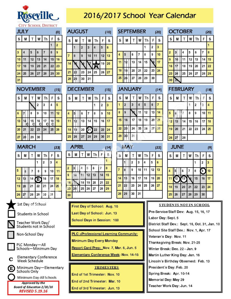 2016 2017 School Calendar Roseville City School District 
