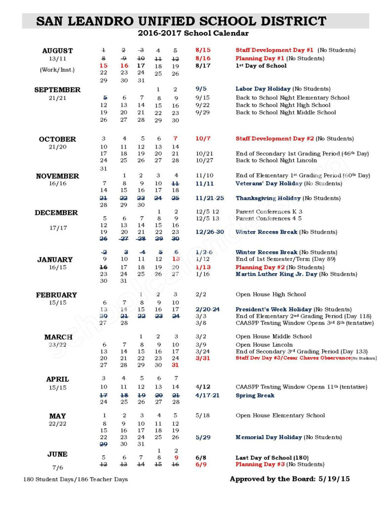 2016 2017 School Calendar San Leandro Unified School District San 