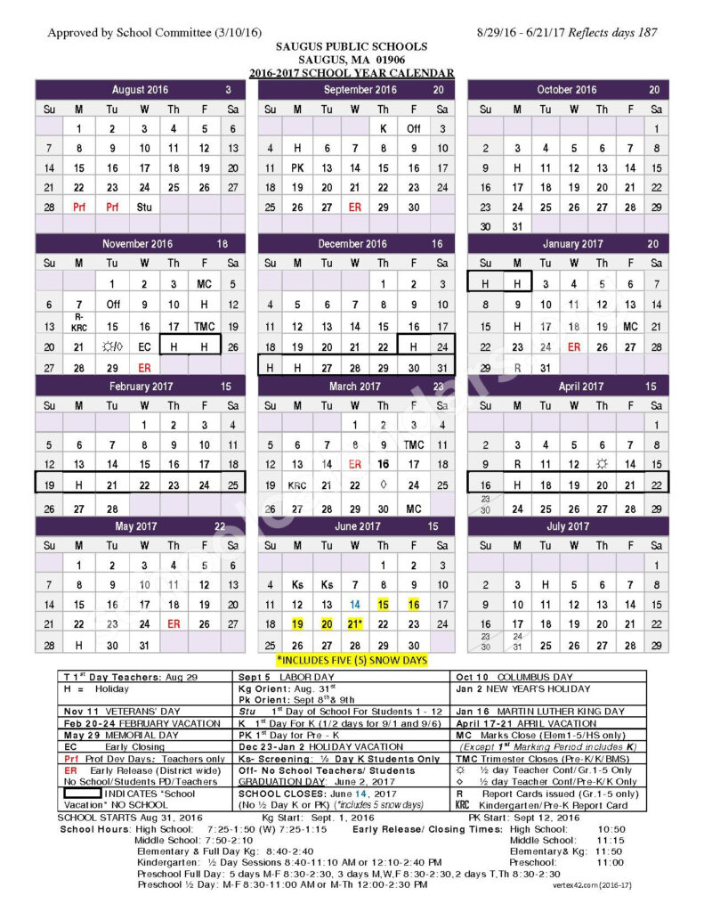 2016 2017 School Calendar Saugus Public Schools Saugus MA