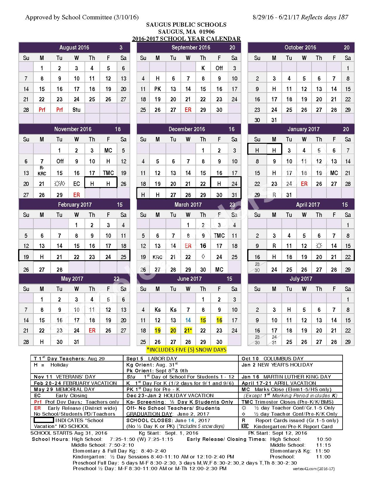 2016 2017 School Calendar Saugus Public Schools Saugus MA