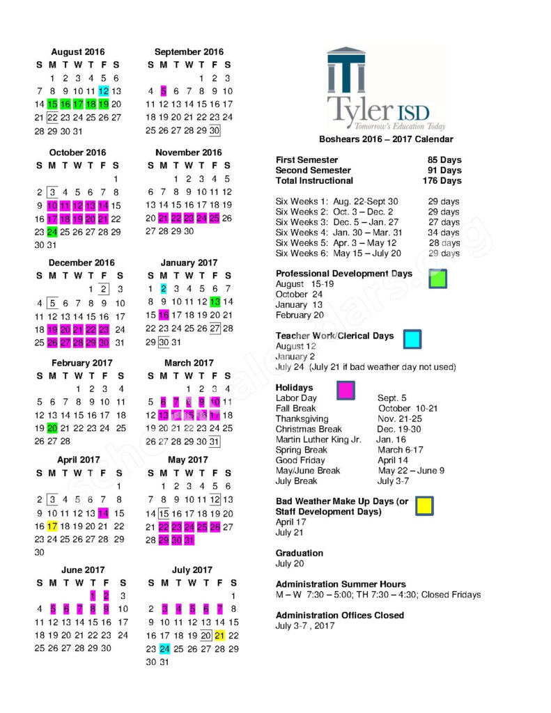 2016 2017 School Calendar Tyler Independent School District Tyler TX