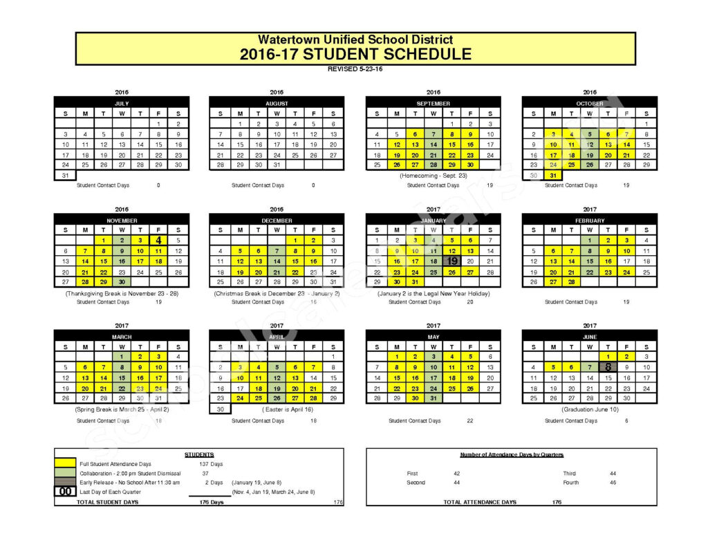 2016 2017 School Calendar Watertown Unified School District 