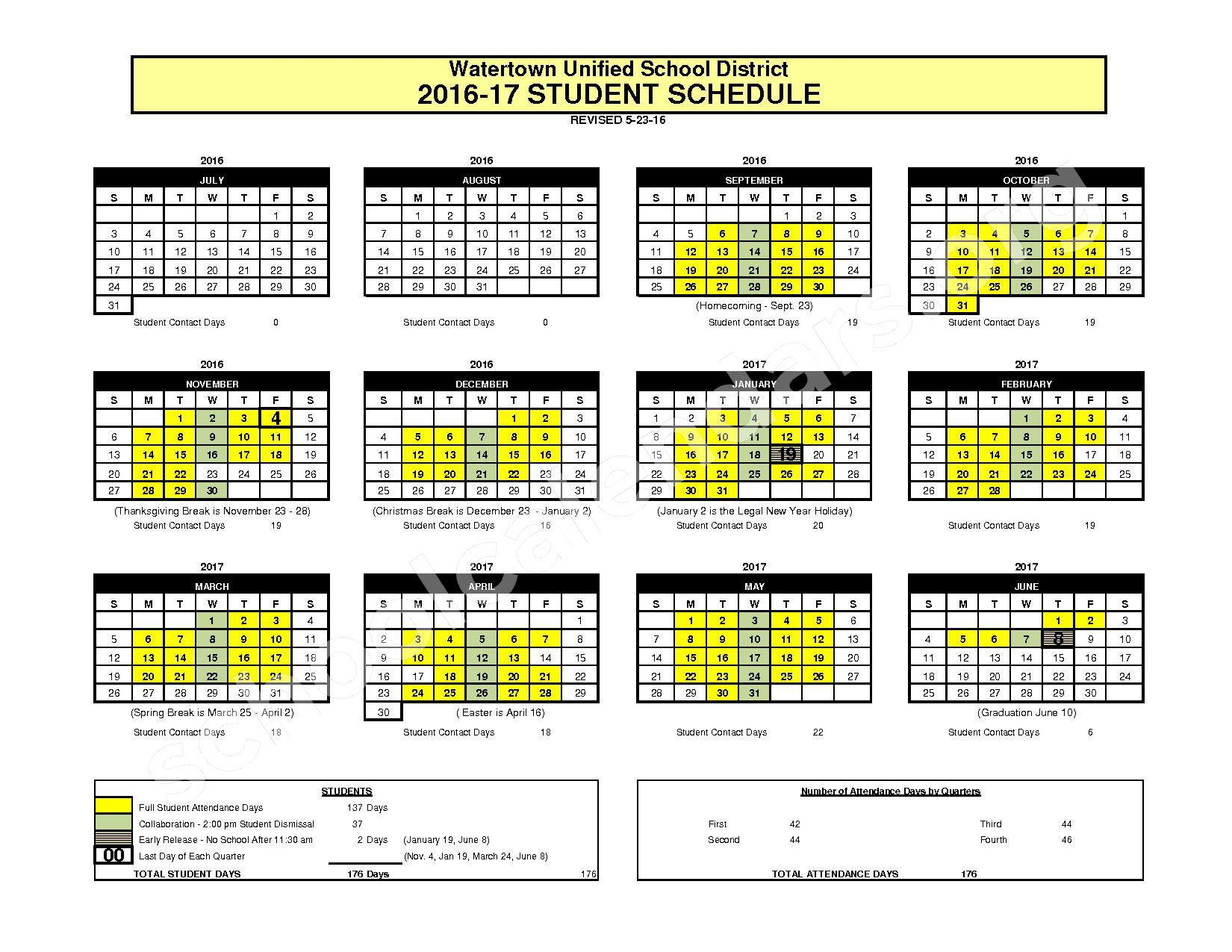 2016 2017 School Calendar Watertown Unified School District