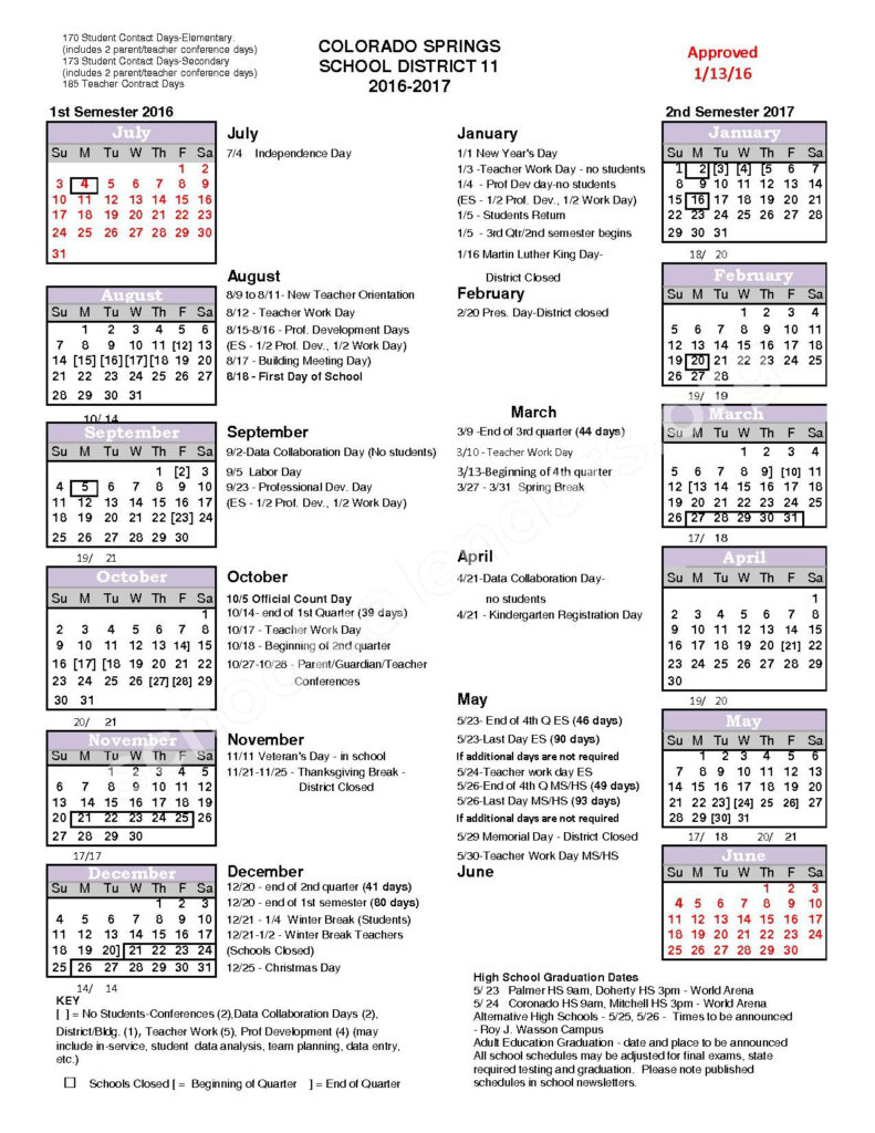 2016 2017 School Year Calendar Colorado Springs School District 11 