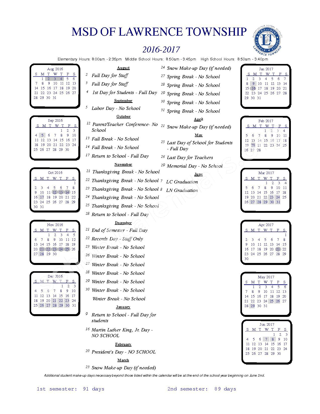 2016 2017 School Year Calendar Lawrence Central High School