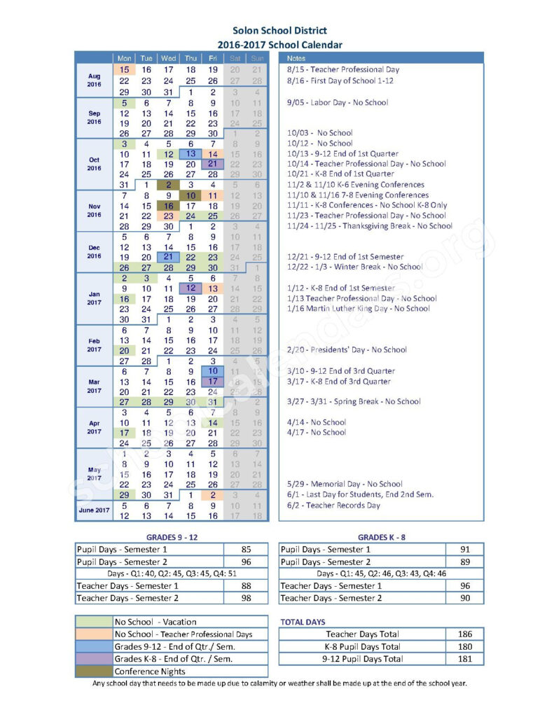 2016 2017 Solon Schools Calendar Solon High School Solon OH