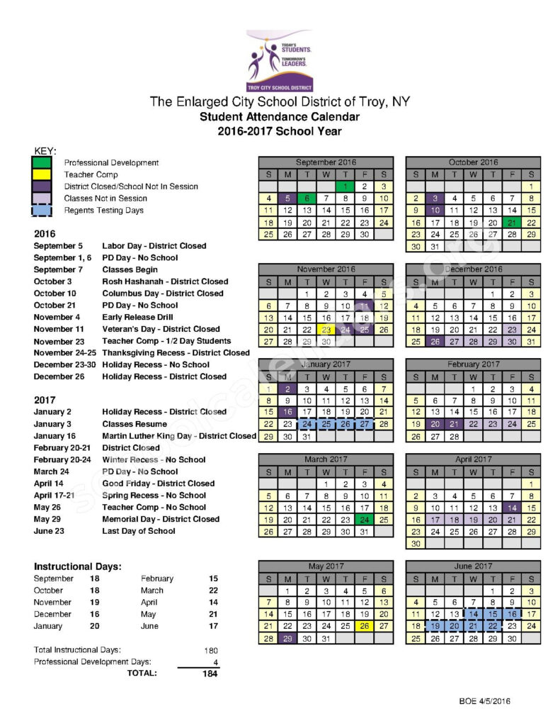 2016 2017 Student Calendar Troy City School District Troy NY